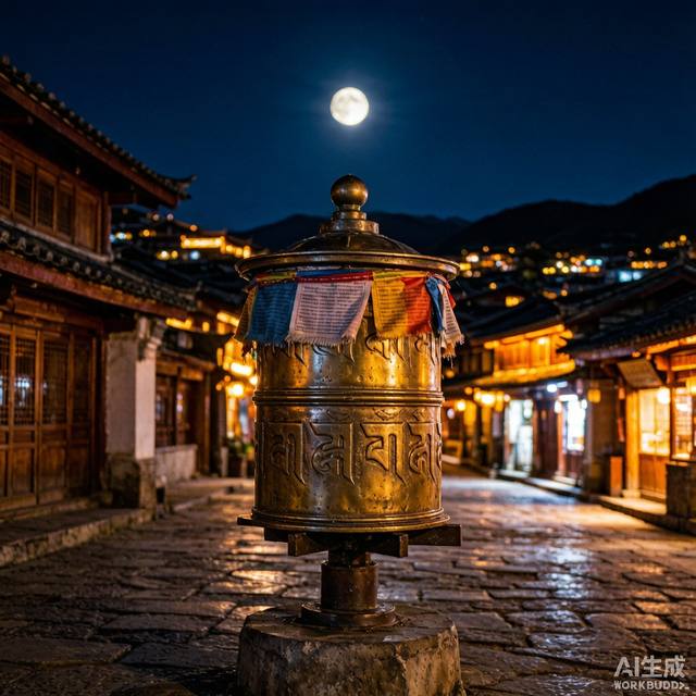 独克宗古城夜景 · 转经筒